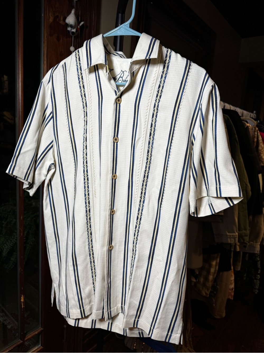 Tommy Bahama Off White Short Sleeve 100% Silk Shirt Blue Stripes Size Small
